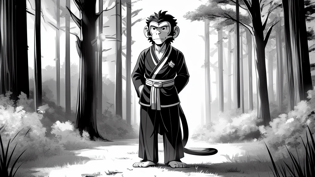 ((Masterpiece, high quality, best graphics, high definition, high definition, 4k)), old photo, vintage photo, 1 Monkey boy, (Solo), (((monkey ears, monkey tail))), ((upper body)), Wooden Katana in right hand, old samurai suit, old samurai pants, (ribbon on waist), wooden sandals, looking away, standing, (((monochrome, grayscale, pencil style, old movie style, noise, VHS movie, anime style))), (forest background, trees, tree shadow, grass, (((Saru to kani no Gassen anime 1917 style))).