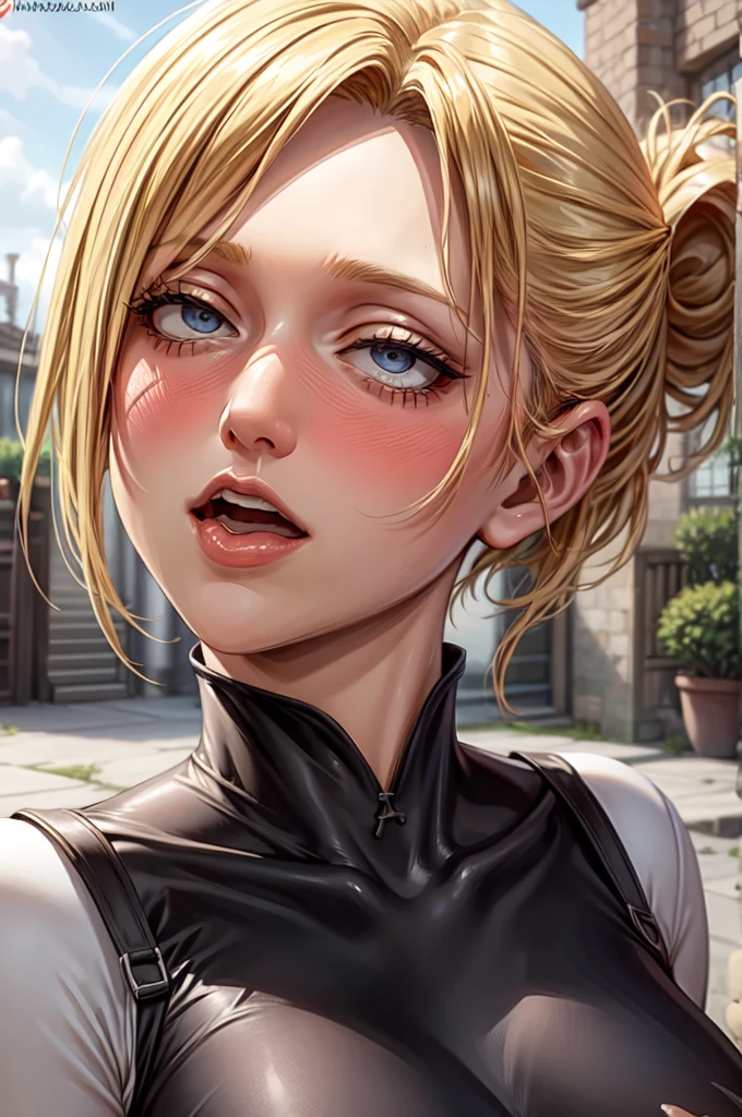 rolling eyes,NUDE,blush,big tips,cross-eyed,busty,nsfw,outdoor,annie,(masterpiece, Highest quality, Very detailed), blue eyes, Blonde, Spiky Hair, Hair Intake, (Red bodysuit:1.2),(Ahegao), (Roll your eyes), Mischievous face, blush, Open your mouth, Sticking out tongue, saliva, ah, View your viewers