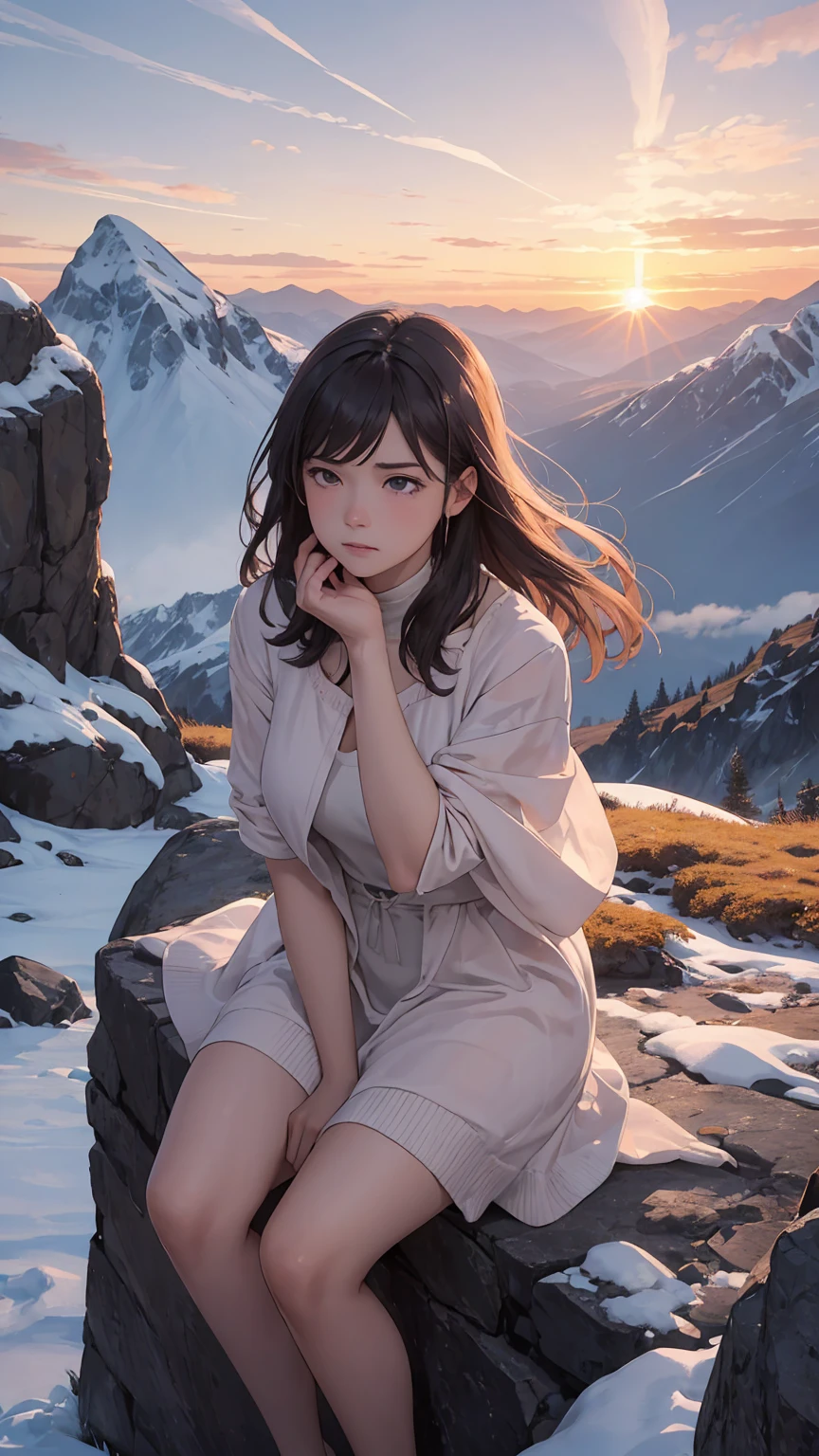 A beautiful mountain landscape during sunset, with a 25-year-old woman sitting on a rock, gazing at the scenery. She has a reflective expression, with a tear rolling down her cheek. The scene is serene, with gentle winds and soft colors. The mountains are majestic, with hints of snow on the peaks. The sky is painted with warm hues of orange, pink, and purple. The woman wears casual clothes, symbolizing her journey and determination. In the background, there are soft, nostalgic elements like faint outlines of her youthful memories blending with the natural beauty.