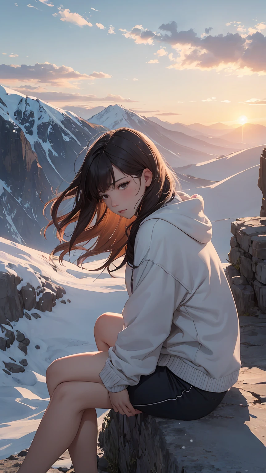 A beautiful mountain landscape during sunset, with a 25-year-old woman sitting on a rock, gazing at the scenery. She has a reflective expression, with a tear rolling down her cheek. The scene is serene, with gentle winds and soft colors. The mountains are majestic, with hints of snow on the peaks. The sky is painted with warm hues of orange, pink, and purple. The woman wears casual clothes, symbolizing her journey and determination. In the background, there are soft, nostalgic elements like faint outlines of her youthful memories blending with the natural beauty.