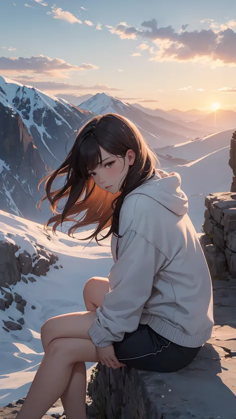 A beautiful mountain landscape during sunset, with a 25-year-old woman sitting on a rock, gazing at the scenery. She has a refle...