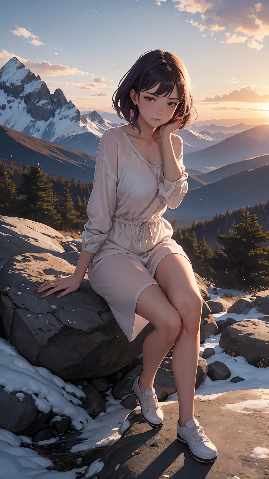 A beautiful mountain landscape during sunset, with a 25-year-old woman sitting on a rock, gazing at the scenery. She has a reflective expression, with a tear rolling down her cheek. The scene is serene, with gentle winds and soft colors. The mountains are majestic, with hints of snow on the peaks. The sky is painted with warm hues of orange, pink, and purple. The woman wears casual clothes, symbolizing her journey and determination. In the background, there are soft, nostalgic elements like faint outlines of her youthful memories blending with the natural beauty.