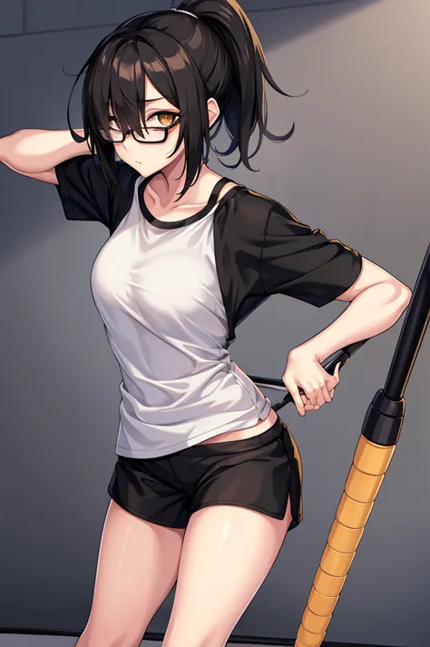 woman, hair over one eye, golden eyes, tomboy, standing, black sweatshorts, white shirt, looking at viewer, black short hair wit...