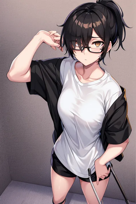 woman, hair over one eye, golden eyes, tomboy, standing, black sweatshorts, white shirt, looking at viewer, black short hair wit...