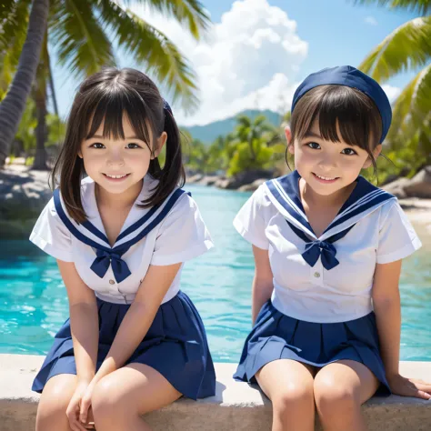 pretty girls, 6 years old, little kids, baby face, very cute, no makeup, elementary school students, very happy, big smile, short sleeved white sailor suits, navy blue pleated miniskirt, medium haircut, bangs between eyes, big eyes, blue eyes, (dwarf:1.1), (big breasts:1.2), short arms, short legs, exposing cleavage, seductive pose, very close, summer vacation, tropical paradise, 8K resolution, masterpiece, highest quality, 
