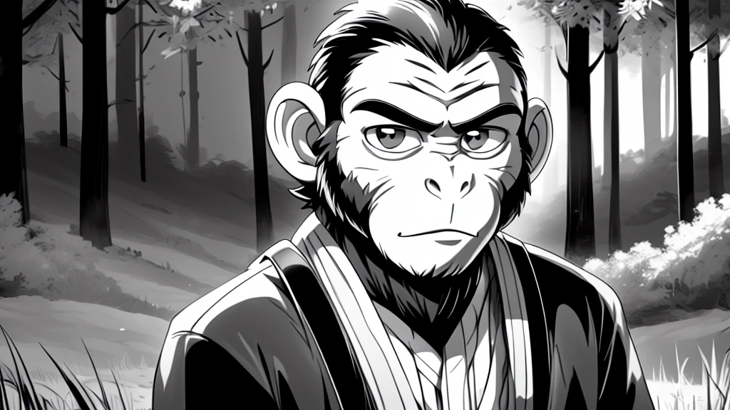 ((Masterpiece, high quality, best graphics, high definition, high definition, 4k)), old photo, vintage photo, 1 Monkey boy, (Solo), (((monkey ears, monkey tail))), ((upper body)), Wooden Katana in right hand, old samurai suit, old samurai pants, (ribbon on waist), wooden sandals, looking away, standing, (((monochrome, grayscale, pencil style, old movie style, noise, VHS movie, anime style))), (forest background, trees, tree shadow, grass, (((Saru to kani no Gassen anime 1917 style))).