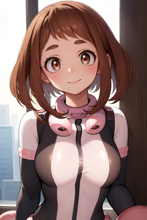 ochakouraraka, ochako uraraka, (uraraka ochako:1.5), (brown eyes:1.5), brown hair, short hair, blush, blush stickers, smile, bre...