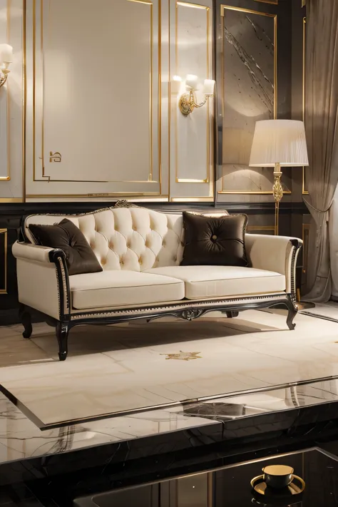 Professional 3D architecture rendering design of modern and French light cream velvet sofa with black slab stone middle table and high details and quality and elegant furniture and showing complete furniture 