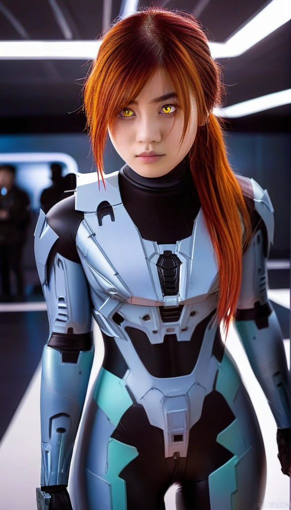 1 Girl、((glowing eyes, red eyes)), Medium Bust、solo、red Hair、Braid、Mobile Race Suit、Shoulder Armor、ceiling、Wide Shot、Looking Ahead、zipup suit 、Closed Mouth、Highest quality、medium quality、22 years old、Mobile Trace System、cockpit、Asian、CyborgCosplay
