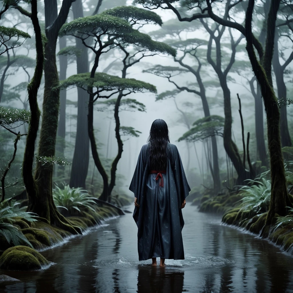 Create a highly realistic, photorealistic image of "Ame-onna," a famous Japanese yokai. This spirit is a woman who brings rain wherever she goes. She appears with long, wet hair and a dripping kimono, often looking sorrowful. The atmosphere should be melancholic and haunting, set in a rainy, foggy forest. The background should include raindrops, mist, and dark, wet trees. The image should have a vertical orientation with a 9:16 aspect ratio.
