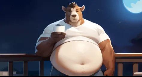4k ultra quality, 4k full body view,ultra high detailed body, male, happy bull, detailed body, detailed belly, white belly fur, big bull, wide chubby face, oberweight male, chubby belly, big belly, ((round belly)), obese belly, (enormous belly), ((ultra enormous body)), massive belly, massive body, big musclegut, massive,（wide body）, massivegut, massive body, massive belly, (enormous gut), enormous belly, mature male, bulge,coffee by mystikfox61, by glitter trap boy, by bebebebebe,by morethreedee, by seibear,wearing t-shirt jacket ,tight pants,in his home,lean on balcony, exposed belly,size deference,warm atmosphere,night