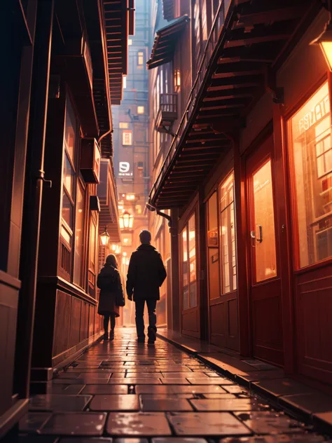 anime, an alleyway, ultra-detailed, 8k, high resolution, depth of field, realistic, cinematic lighting, warm color tones, intric...