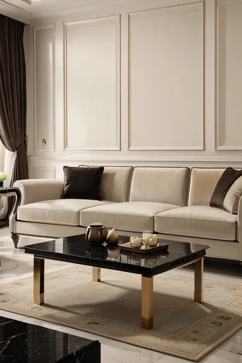 Professional 3D architecture rendering design of modern and French light cream velvet sofa with black slab stone middle table and high details and quality and elegant furniture and showing complete furniture 