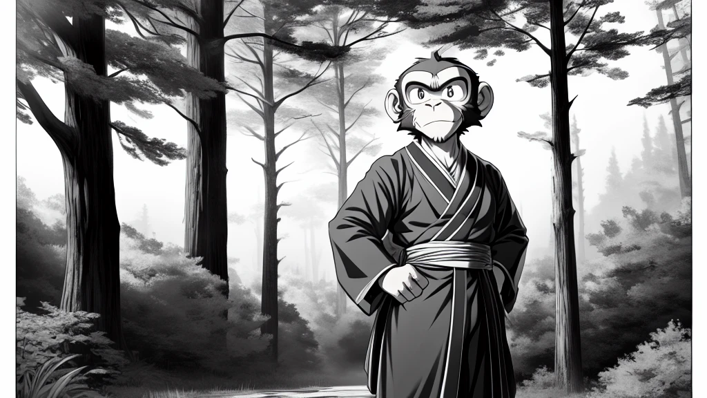 ((Masterpiece, high quality, best graphics, high definition, high definition, 4k)), old photo, vintage photo, 1 Monkey boy, Young, (Solo), (((monkey ears, monkey tail))), ((upper body)), Wooden Katana in right hand, old samurai suit, old samurai pants, (ribbon on waist), wooden sandals, looking away, standing, (((monochrome, grayscale, pencil style, old movie style, noise, VHS movie, anime style))), (forest background, trees, tree shadow, grass, (((Saru to kani no Gassen anime 1917 style))).