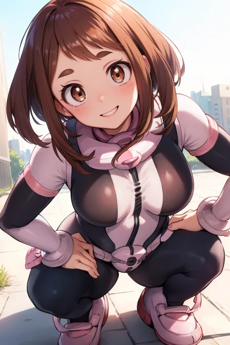 ochakouraraka, ochako uraraka, (uraraka ochako:1.5), (brown eyes:1.5), brown hair, short hair, blush, blush stickers, smile, bre...