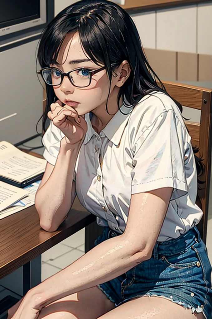 There is a woman sitting on the floor with her legs crossed..., Wearing glasses, Japanese Model, Wearing glasses on, Wearing square glasses, Young Sensual Gravure Idol, Yasumoto Oka, Genuine young gravure idol, Without glasses, Yoshitomo Nara, Aoi Ogata, Wearing glassesいる, Surreal,Provocative,((Beautiful Skin)),((Skin Texture)),((Real Touch)), healthy, unreddish skin, Cute freckles on the cheeks,Mole under left eye,