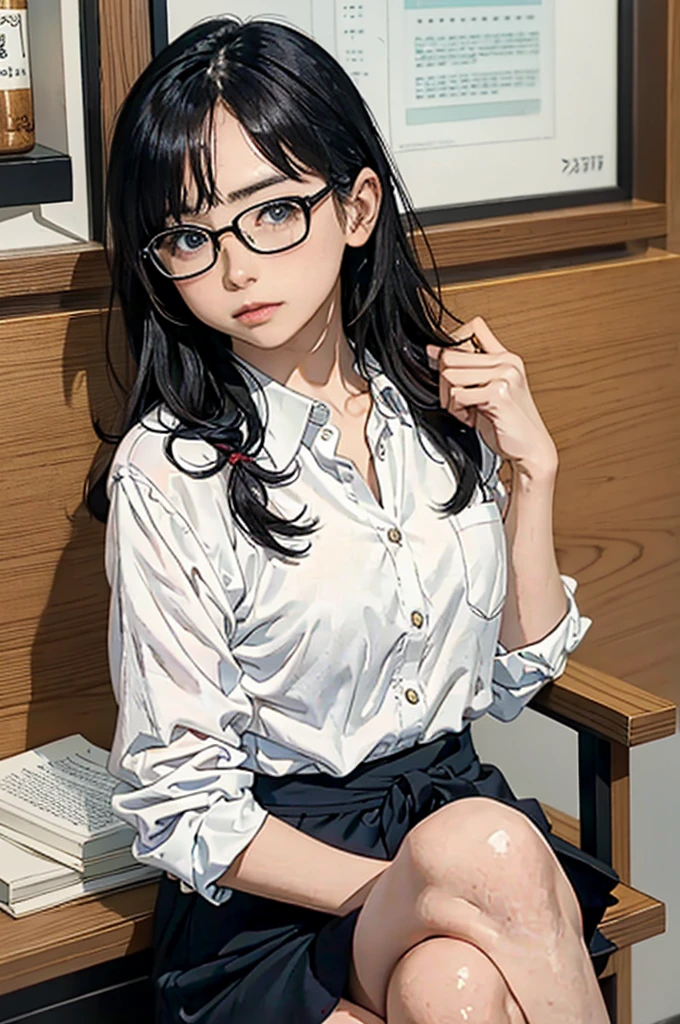 There is a woman sitting on the floor with her legs crossed..., Wearing glasses, Japanese Model, Wearing glasses on, Wearing square glasses, Young Sensual Gravure Idol, Yasumoto Oka, Genuine young gravure idol, Without glasses, Yoshitomo Nara, Aoi Ogata, Wearing glassesいる, Surreal,Provocative,((Beautiful Skin)),((Skin Texture)),((Real Touch)), healthy, unreddish skin, Cute freckles on the cheeks,Mole under left eye,