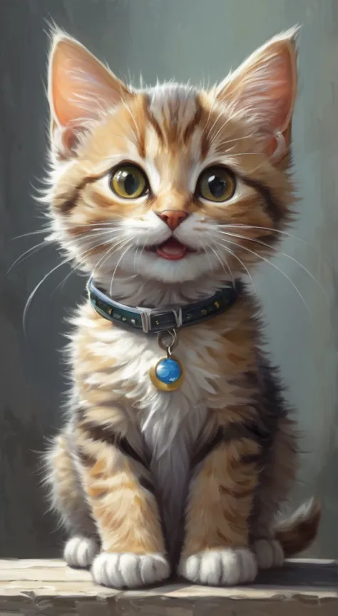 alayna lemmer style painting of a happy anthropomorphic kitten, wearing sanglass,   (professional painting, dynamic pose, dynami...