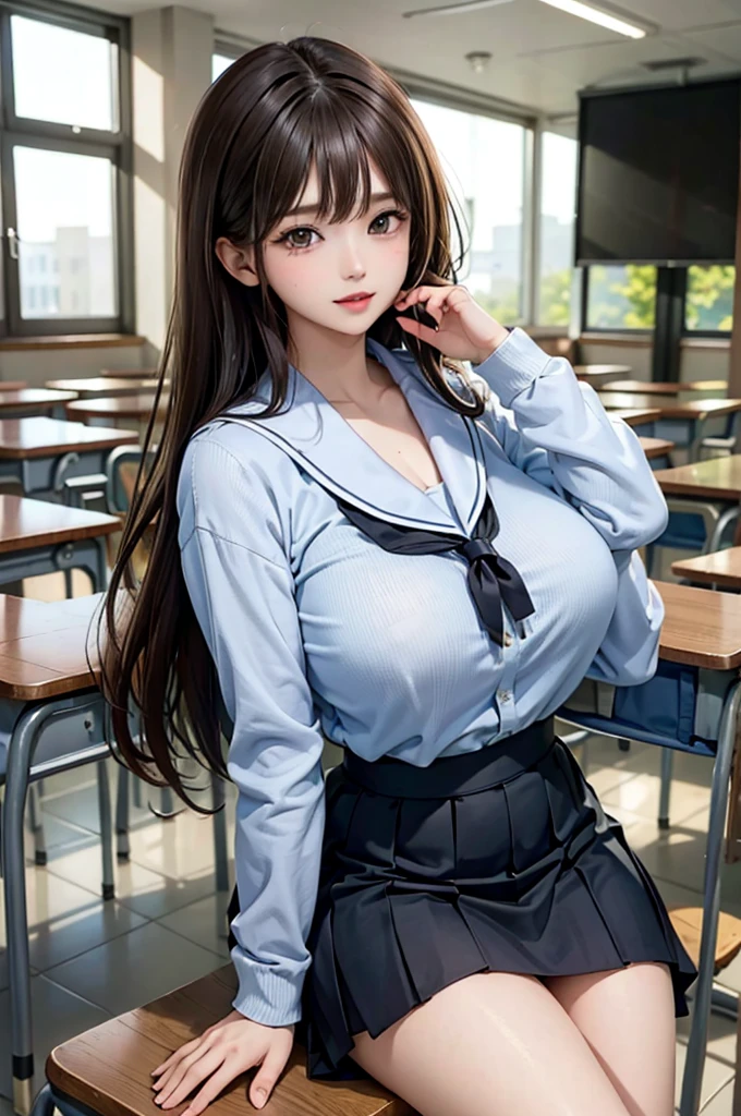 ((masterpiece, Highest quality)),Best aesthetics,One girl, , machine, Sitting, school machine, Brown Hair, classroom, Long Hair, indoor, Chair, Big Breasts、View your viewers, :p, Focus Only, Brown eyes, skirt, Long sleeve, pencil, 1 boy, pencil case, paper, Seraph of the Black, Multiple Girls, pleated skirt, Sailor collar, bangs, Headrest, school bag, school Chair