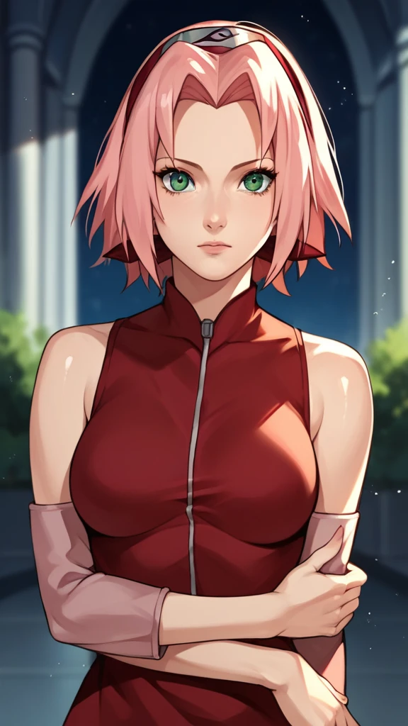 score_9,score_8_up,score_7_up,score_6_up,score_5_up,score_4_up BREAK skinny,choker,medium breasts,detached sleeves,outdoors,forest,shiny skin,bokeh,bloom,indoors,light particles,castle,space,1girl,haruno sakura,pink hair,short,hair,green eyes,forehead protector,