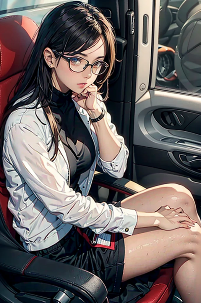 There is a woman sitting on the floor with her legs crossed..., Wearing glasses, Wearing square glasses, Young Sensual Gravure Idol, Provocative,((Beautiful Skin)),((Skin Texture)),((Real Touch)), healthy, unreddish skin, 