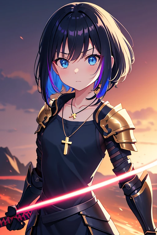 garota coberta por uma sombra de fundo, coberto de sombras, falta sombras no fundo Anime girls, carregando katana, anime, cabelo preto curto com mechas azuis neon, o cabelo está acima da altura dos ombros, suave lindo, 4K, anime art, pingente no cabelo, colar cruz t, vestido preto vibrante, armadura de batalha armadura dourada, pouca roupa
