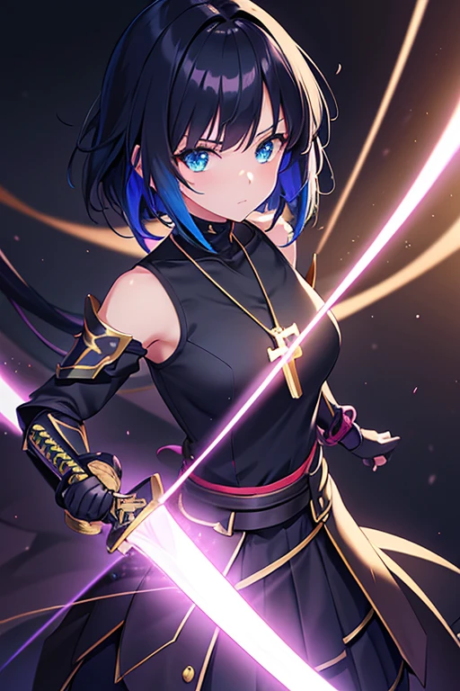 background shadow covered girl, covered in shadows, lack shadows in background Anime girls, carrying katana, anime, short black hair with neon blue highlights, hair is above shoulder height, smooth beautiful, 4k, anime art, pendant on hair, cross t necklace, vivid black dress, battle armor golden armor, little clothing
