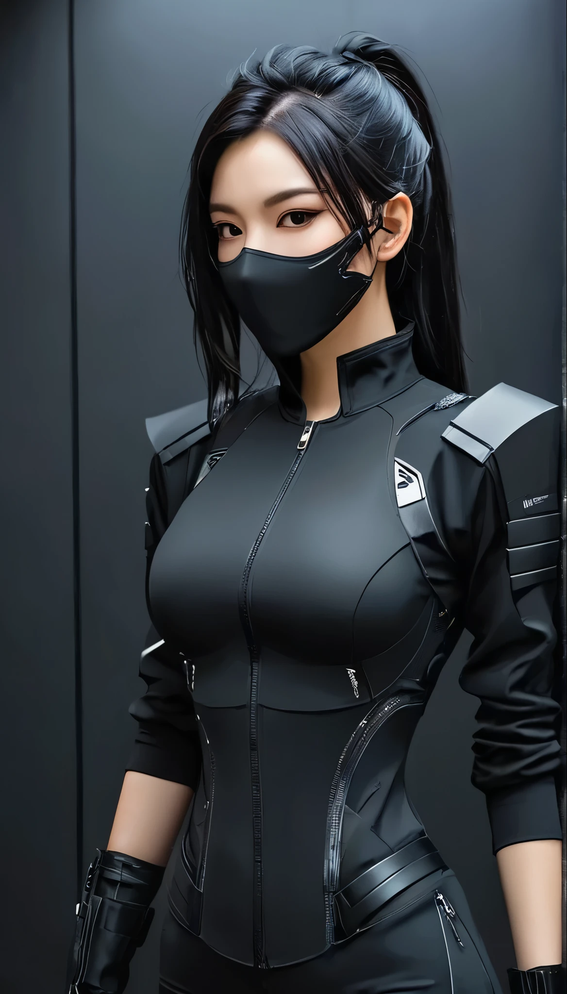 Frau in Schwarz gekleidet mit Maske und japanischem Schwert Katana, komplett schwarze Cyberpunk-Kleidung, trägt technisches Outfit und Rüstung, Foto einer Frau im technischen Anzug, düsteres Sci-Fi-Outfit, cyberpunk costume, Assassine, futuristisches Tech-Kostüm, Cyberpunk-Modekleidung, jet black hair cyberpunk girl, cyberpunk clothes, cyberpunk costume, Tech-Mode, im dunklen Raum Söldner Kostüm Zahnstocher