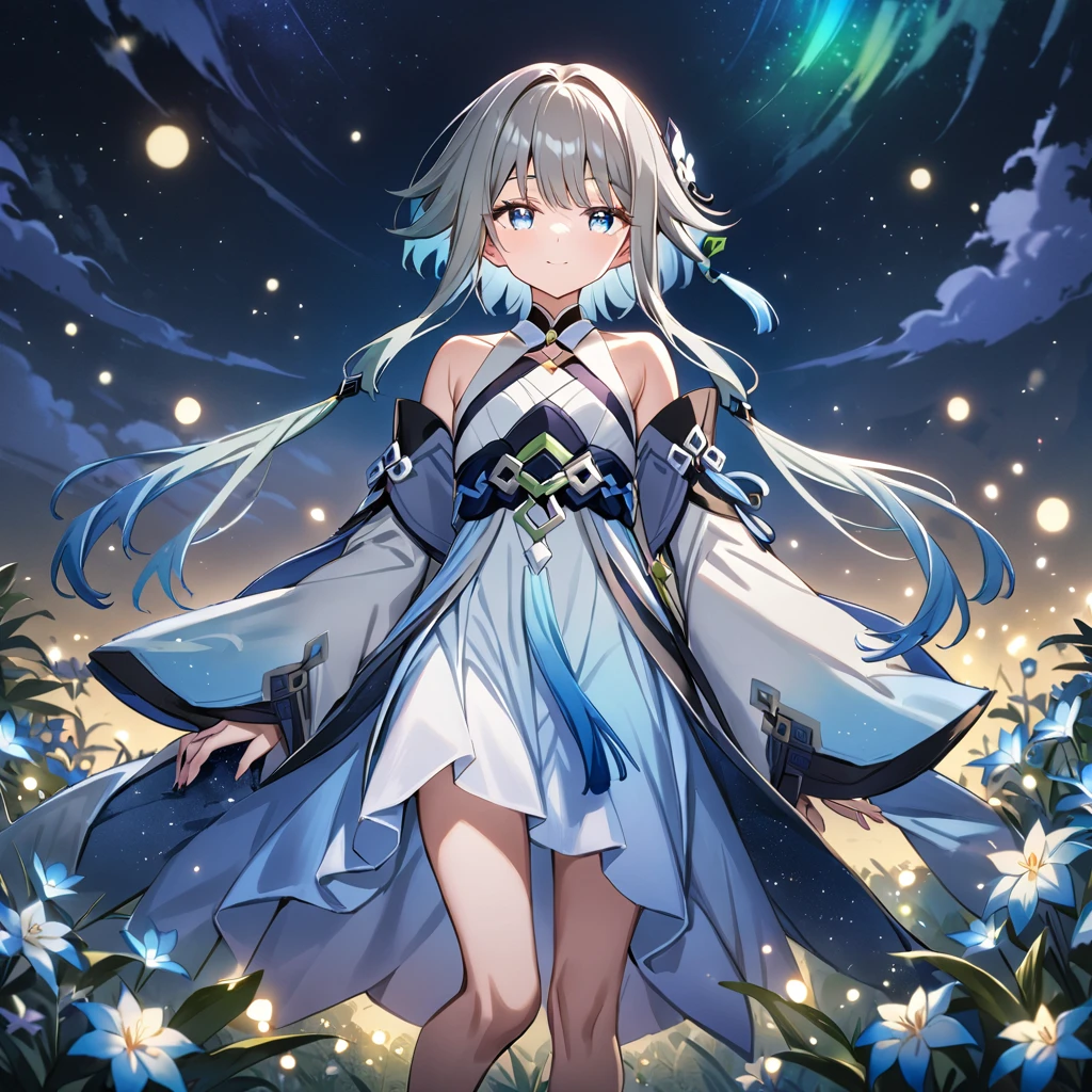 1girl, guizhong_\(genshin_impact\),light grey hair,short_hair_with_long_locks,starry_sky_print,detached_sleeves, long sleeves that drape over hands past fingers,sleeves cover hands,arms at sides,hanfu,illustrated by matsuryuu and agahari,pale blue eyes,stunning field of softly glowing blue and white glaze lilies,night scene,gentle smile,moonlight,glossy lips,vivid anime coloring,cel shading,smooth, soft dreamy focus,anklet,halter_top,white clothes,highly detailed,digital painting,field of flowers,bare_shoulders,barefoot,cool night tones, magical night scene,masterpiece, best quality, film, bokeh, multicolored light particles,professional, 4k, highly detailed,fireflies,nebula of rainbow and silvery vapor,8k,uhd