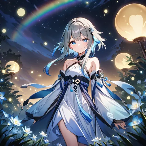 1girl, guizhong_\(genshin_impact\),light grey hair,short_hair_with_long_locks,starry_sky_print,detached_sleeves, long sleeves th...