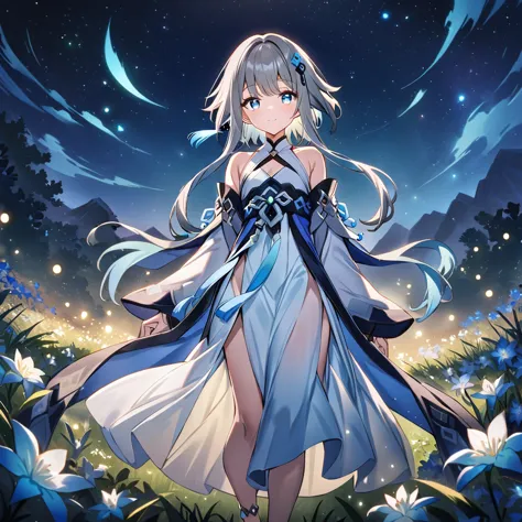 1girl, guizhong_\(genshin_impact\),light grey hair,short_hair_with_long_locks,starry_sky_print,detached_sleeves, long sleeves th...