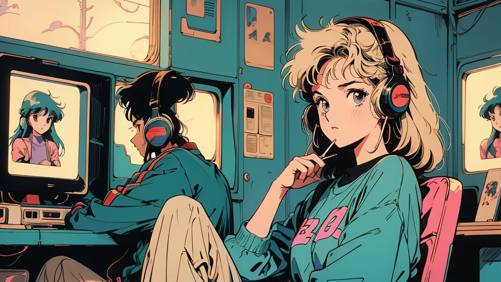 Retro arcade anime girl, 80年代のAnime atmosphere, 80s anime style, Retro Anime Girls, 1980's anime style, Retro anime images, Anime atmosphere, Playing games, smoking、４ｋ、Wear headphones