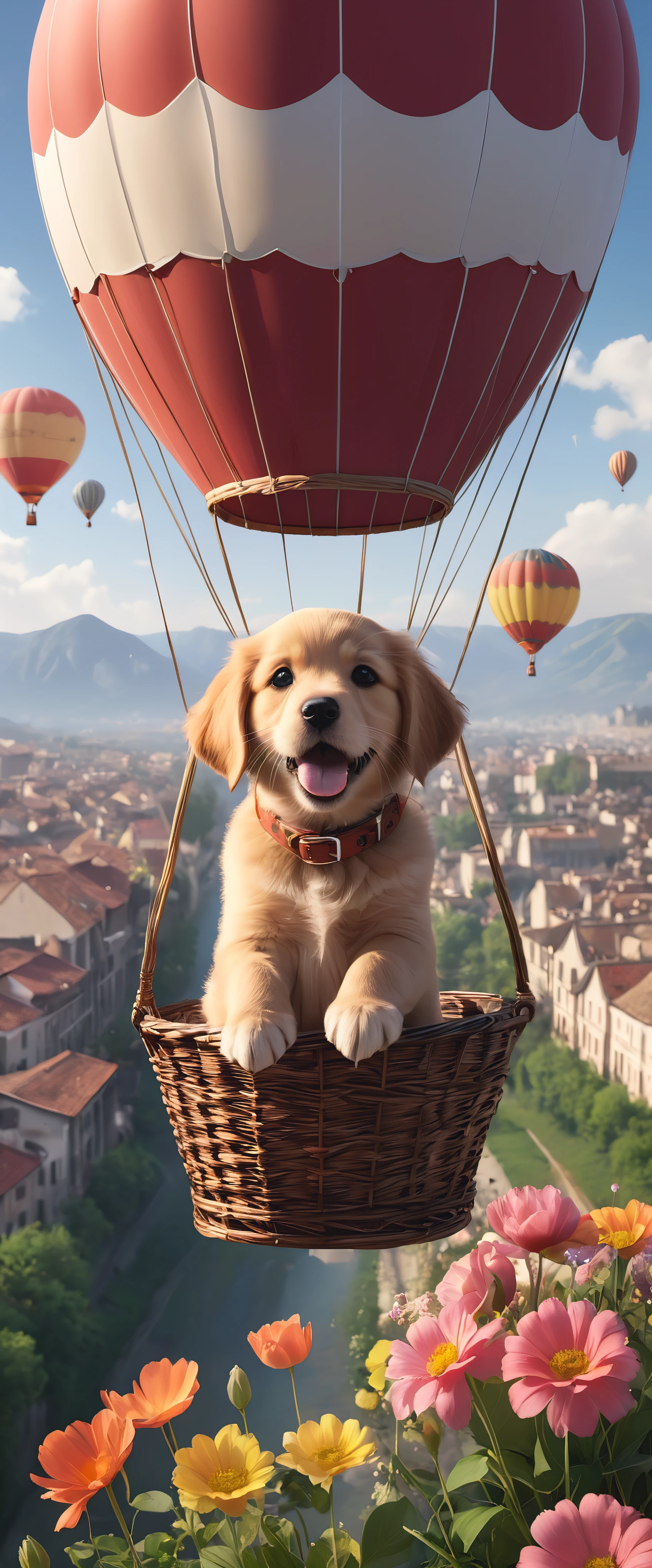 quality\(8k,wallpaper of extremely detailed CG unit, ​masterpiece,hight resolution,top-quality,top-quality real texture skin,hyper realisitic,increase the resolution,RAW photos,best qualtiy,highly detailed,the wallpaper,cinematic lighting,ray trace,golden ratio\), BREAK ,puppy\((small:1.5),baby,cute, RETRIEVER, collar,joy,(riding hot-air-balloon )\),hot-air-balloon\(fire\),flower petals flattering in the wind,sweet mood,beautiful,shiny day,high altitude,can see the town below,long shot