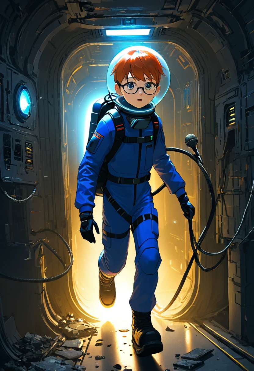 (spacesuit)), navy blue spacesuit, (dynamic pose:1.5), (best quality, masterpiece, absurdres, highres, ultra_detailed, dynamic angle:1.2), 1 girl, full body image of a young kid girl exploring a derelict spaceship, small stature, flat chest, floating in a derelict spaceship, exploring a derelict spaceship, outer space, levitating, cables, cramped corridor, damage, sci-fi console, glowing cybernetics, gloves, boots, backpack, air hose, pace helmet, face under glass, wearing glasses, ((headset with microphone)), derelict spaceship interior, hull breach, windows, in dynamic pose, walls covered with (glowing alien inscriptions:1.3), debris, dust, futuristic, sci-fi, (intricate details, hyperdetailed:1.15), (ultrahigh resolution textures), bokeh, floating, curious, nervous, scared, holding flashlights, kids, (volumetric, cinematic, dim red) lighting, volumetric lighting, zero gravity, depth of field, space, starfield