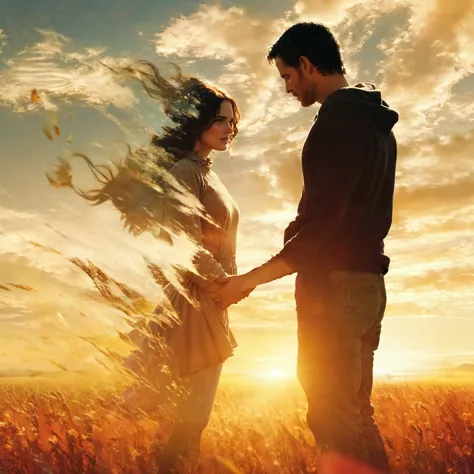 there is a man and a woman standing in a field, the most beautiful scene, wonderful scene, movie promotional image, cinematic mo...