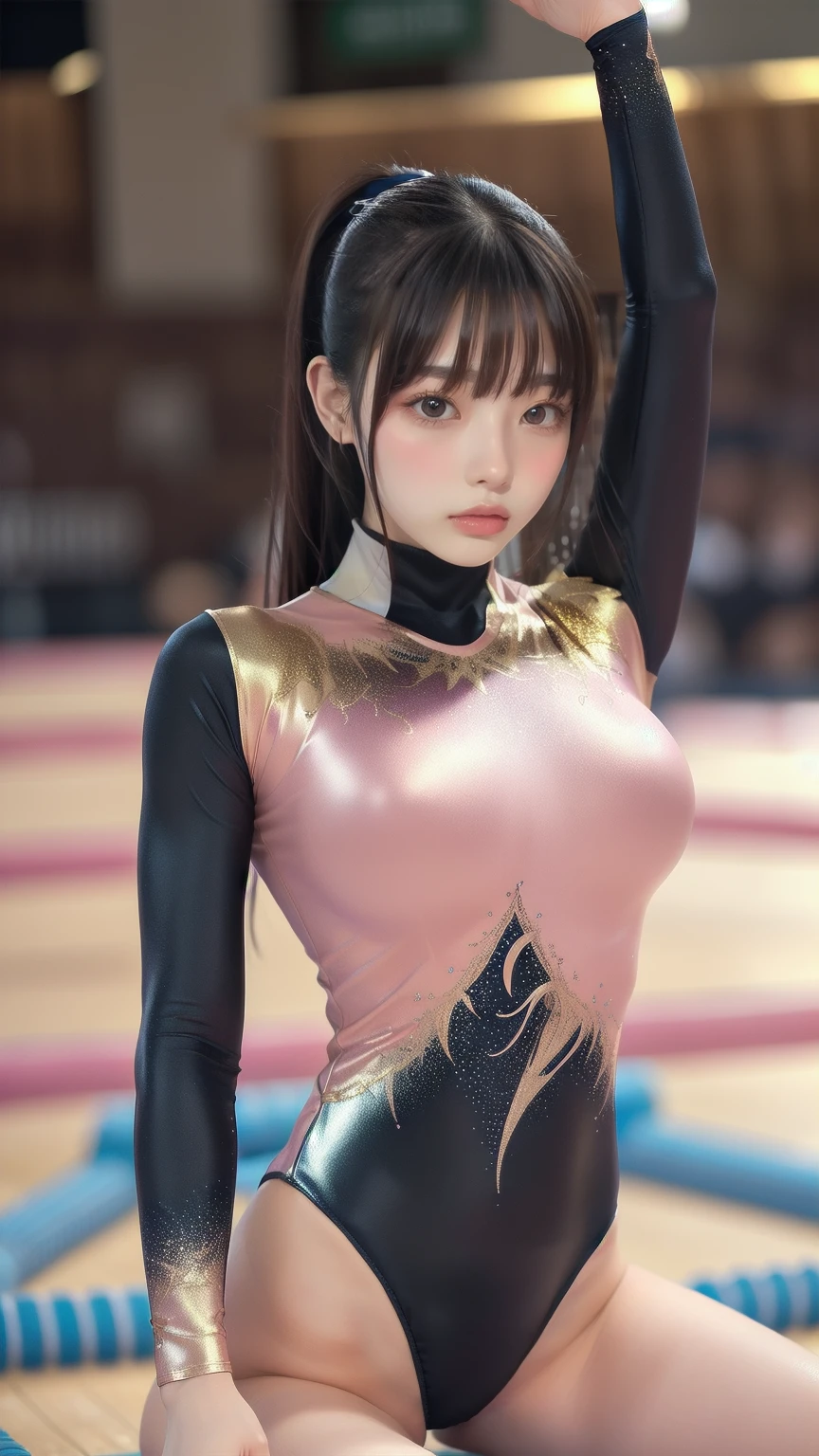 ((indoor, 新gymnastics arena, gymnastics arena:1.3)), ((Highly detailed skin), Beautiful realistic face, White skin, Pointed Chest, Small nipples, Perfect Anatomy, Realistic eyes, Natural Eyes, Brown eyes, Accurate eye focus, Accurate limbs), (Hyper Realist, Ultra-realistic, 4K, Attention to detail, Ultra-high resolution, Highest quality, masterpiece, Presence, dynamic, Uplifting, bold, Sharpness), (Thinning hair:2, Soft Hair:2, Straight hair:1.5, Long, slicked bangs, Light copper amber hair, Hair on one eye, Twin tail hair), (Female gymnast, Detailed costume, Wearing a long sleeve leotard:1.5), Shiny long sleeve leotard, Metallic colors長袖レオタード, Racing long sleeve leotard, Gymnastics Long Sleeve Leotard, ((High leg long sleeve leotard, Long sleeve leotard with crystal embellishment)), ({Metallic red color| Metallic purple color| Metallic white color| Metallic navy color| Metallic pink color| Metallic gold color| Metallic silver color| Metallic black color| Metallic colors}Long sleeve leotard colors), (Big Breasts:1.5), Tall, Elongated arms and legs, Small waist, Small hips, (Crouching, M-shaped split, Squat:1.2, Squat with your legs wide apart, Spread your legs), The long-sleeved leotard is digging into her butt, barefoot, Looking into the camera, smile, (Underhair does not grow), 