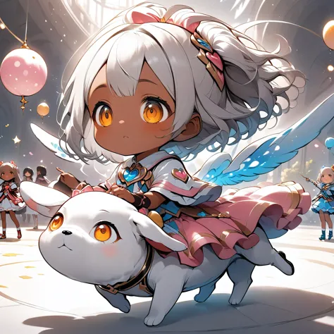 Two girls riding on a flying puppy, Detailed description of the first person, dark skinned female, Cute shy, hzk, BREAK Detailed explanation of the second person, Magical Girl, curious girl, ARW,