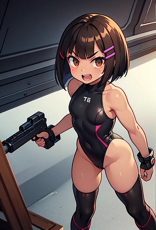 Ten_years_old girl, high cut leotard, freckled skin, body freckles, fighting, angry, gun, fullbody, standing, platform heels, Bob cut hair, smile showing teeth, open mouth, hair clip, Cyberpunk, tight stockings, tanned, brown skin,