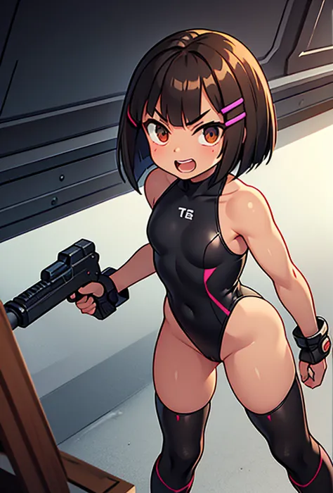 ten_years_old girl, high cut leotard, freckled skin, body freckles, fighting, angry, gun, fullbody, standing, platform heels, bo...