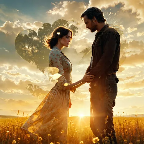 there is a man and a woman standing in a field, the most beautiful scene, wonderful scene, movie promotional image, cinematic mo...