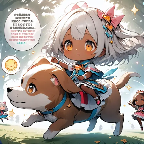 Two girls riding on a jumping puppy, Detailed description of the first person, dark skinned female, Cute shy, hzk, BREAK Detailed explanation of the second person, Magical Girl, curious girl, ARW,