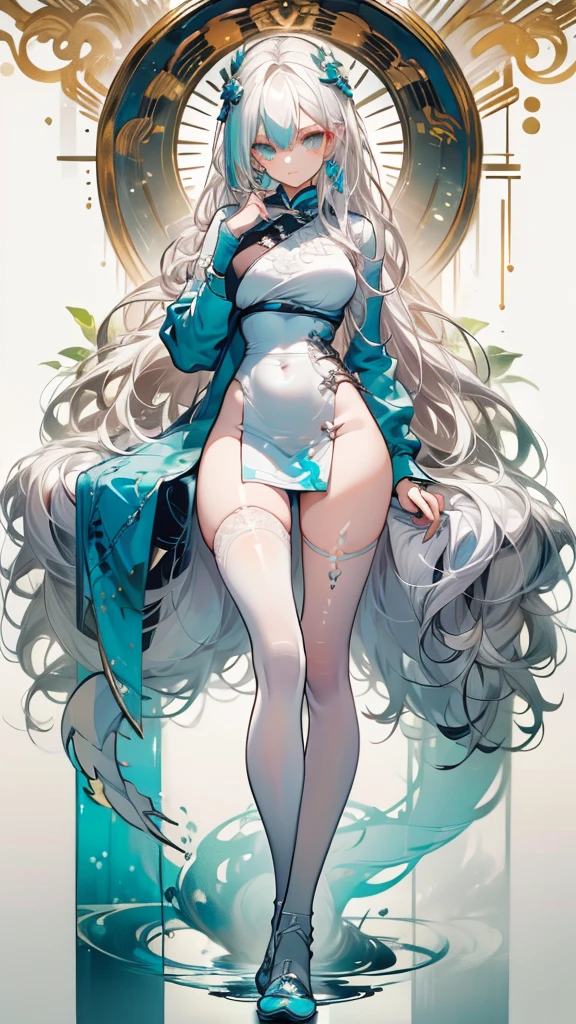 ((masterpiece, best quality)), Delicate face，Snake Woman，Full body painting，Perfect body proportions，Long legs，((Long wavy hair)), ((Half of her hair is white，The other half is cyan，Available in two colors))，beautiful eyes，Fantasy style，White background，transparent，cheongsam，Lace