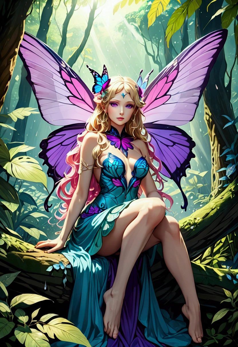 a picture of a jungle fairy, an extraordinary beautiful, elegant beauty, divine beautiful fairy, ((anatomically correct: 1.5)) spread butterfly wings, blue and purple wings, pink eyes, glowing eyes, (ultra detailed face: 1.2), best detailed face,  blond hair, rich hair, wavy hair, glamour dress, wild dress, dress decorated with jungle flowers,  sitting on massive heliconia tree the rain forest, sun rays coming through the trees, Hyperrealism style, vibrant, Ultra-high resolution, High Contrast, (masterpiece:1.5), highest quality, Best aesthetics), best details, best quality, highres, ultra wide angle, 16k, [ultra detailed], masterpiece, best quality, (extremely detailed) RAW, chumbasket art style, FairyTaleAI, fairy wings, 