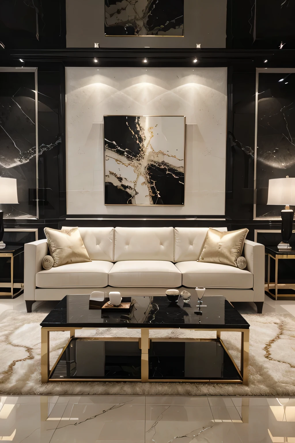 Professional 3D architecture rendering design of modern and French light cream velvet sofa with black slab stone middle table and high details and quality and elegant furniture and showing complete furniture 