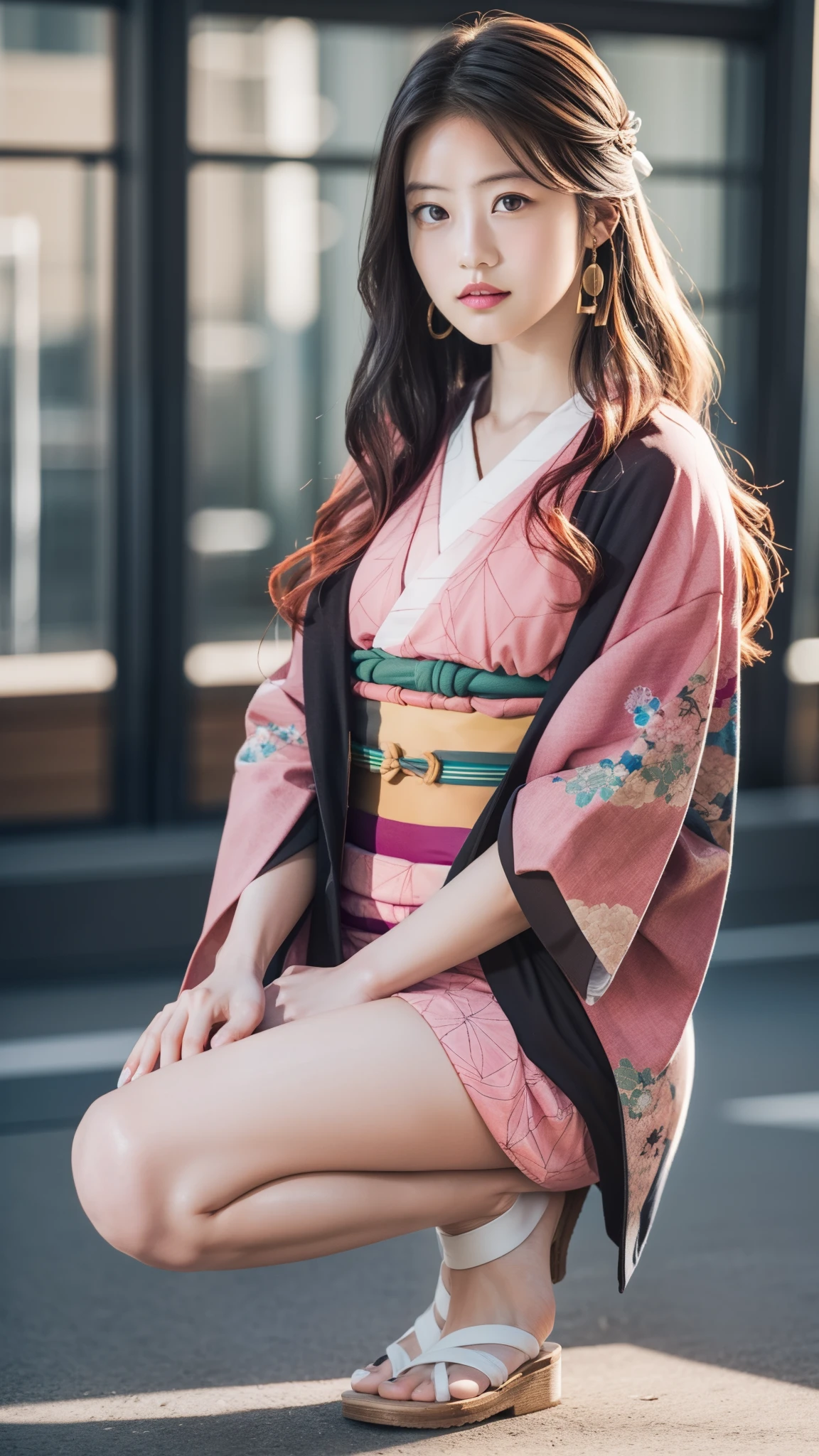 Cute Japanese woman, (16 years old), (very cute face), white moisturized skin, looking at the camera, melancholy expression,
BREAK,
Idol,
BREAK,
(wearing cute kimono: 1.3), (highly revealing kimono), very large earrings, short length,
BREAK,
(fighting pose: 1.3),
BREAK,
(long hair), (pink hair: 1.2), (wavy hair), (gradient hair: 1.3), (red hair at the ends),
BREAK,
(realistic: 1.3), masterpiece, perfect lighting, (ultra-high resolution), (8K), (highly detailed: 1.4), (from the front), (full body: 1.4), (symmetrical: 1.2), (one shot),
BREAK,
(Shibuya city in Japan: 1.2),
BREAK,
(Demon Slayer: 1.4),
BREAK,
(Imada Mio: 1.4),