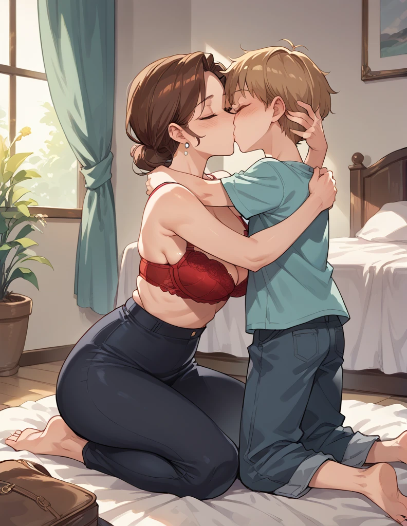 score_9, score_8_up, score_7_up, source_anime, 1boy, 1girl, mature female wearing a sexy red bra, mother and son, kid, hug, kiss, hand on head, kneeling, 