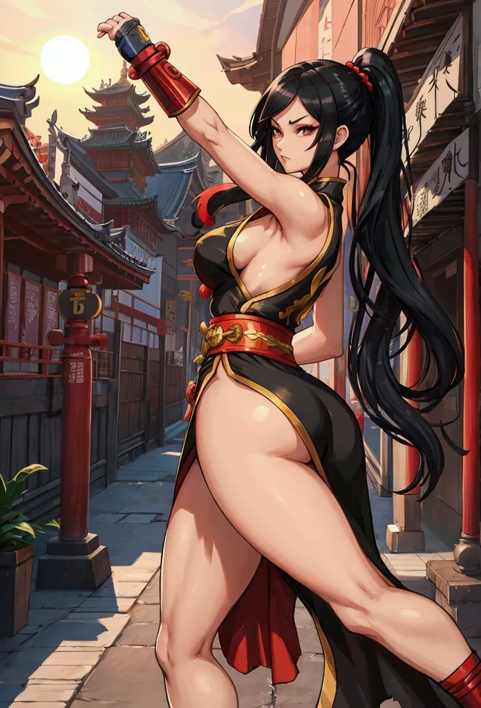 street fighter style of a girl with long black hair, wearing a very short, ripped, sexy traditional Chinese dress, beautiful bre...