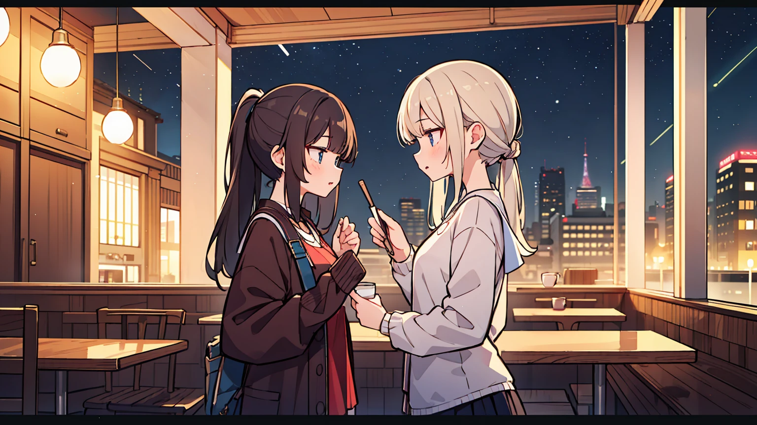 (masterpiece, best quality),Two women with different faces and hairstyles, different hair colors, different faces, ponytail, shot,letterboxed, perfection of fashion,chapped lips, casual attire, upper body, from the side,A cafe with a terrace overlooking the night sky with the Aurora,Teaching students to study at an old-fashioned table, eyes look at the note, together, stylish outfit,
