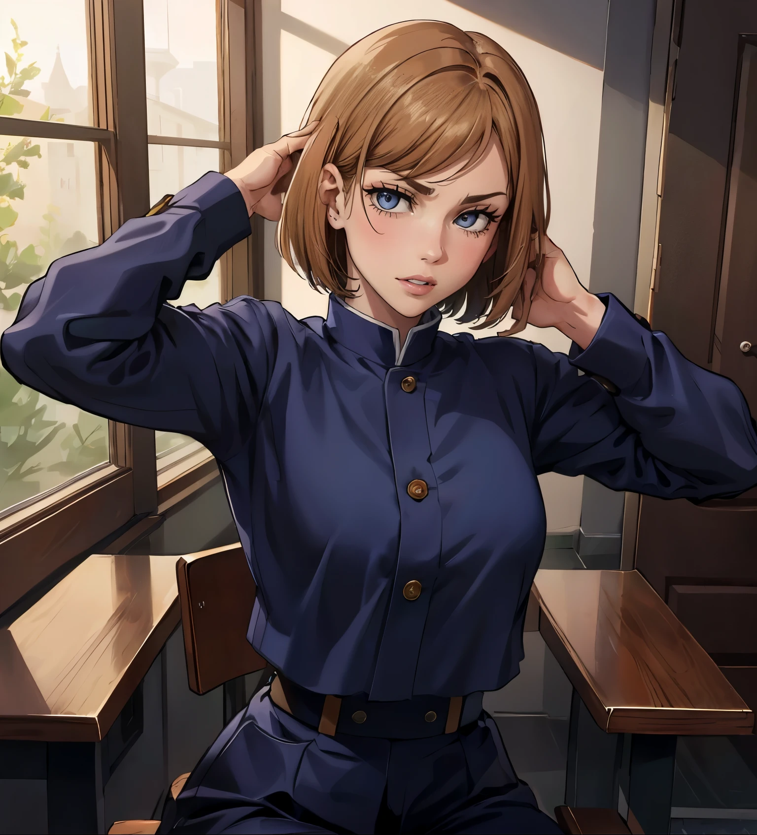 (masterpiece:1.2, best quality:1.2, beautiful, high quality, highres:1.1), 1girl, detailed, short hair, short brown hair, short brown hair, full body, sitting on a chair, admiring viewer, posing, extremely detailed 4K, perfect eyes, perfect face, jujutsu kaisen, uniform, dark clothes only, 1girl , circle arms, serious gaze, ready for battle, jujutsu uniform, full uniform,dark blue clothes, dark clothes, fully clothed, showing body, upper body, selfie, combat face, brown shiny eyes, brown colored eyes, upper body, portrait, posinf hands, calm face, happy attitude, posing, hands, arms, side bangs, short hair, scars on body, Nobara Kugisaki, perfect eyes dangerous, brown colored eyes, exotica, Nobara Kugisaki LoRA, blue shirt, jujutsu uniform, beautiful view, background, sleeves, beautiful face, perfect lighting, (1girl, solo, adult female, mature female), thin, lithe body, Nobara, light brown, (medium breasts), ((sensual seductive))