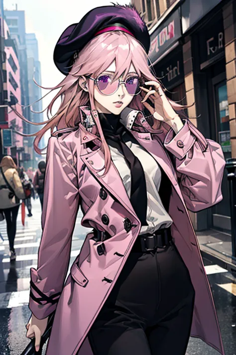 4k, realistic, detailed, super eyes details, fashion clothes, pink trench coat, french beret, black pants with belt, long hair, ...